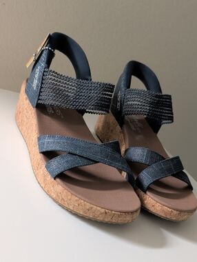 Skechers Denim-Style Navy Wedge Sandals with Cork Platform Size 8
